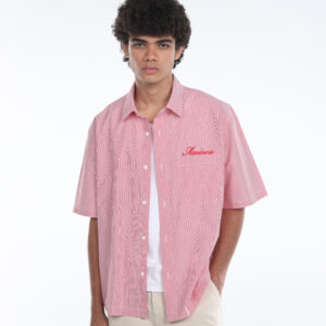 maniverse embroidered boxy fit striped red shirt