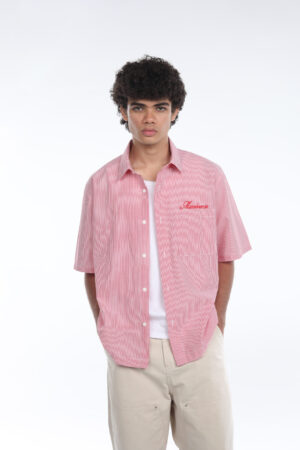 maniverse embroidered boxy fit striped red shirt