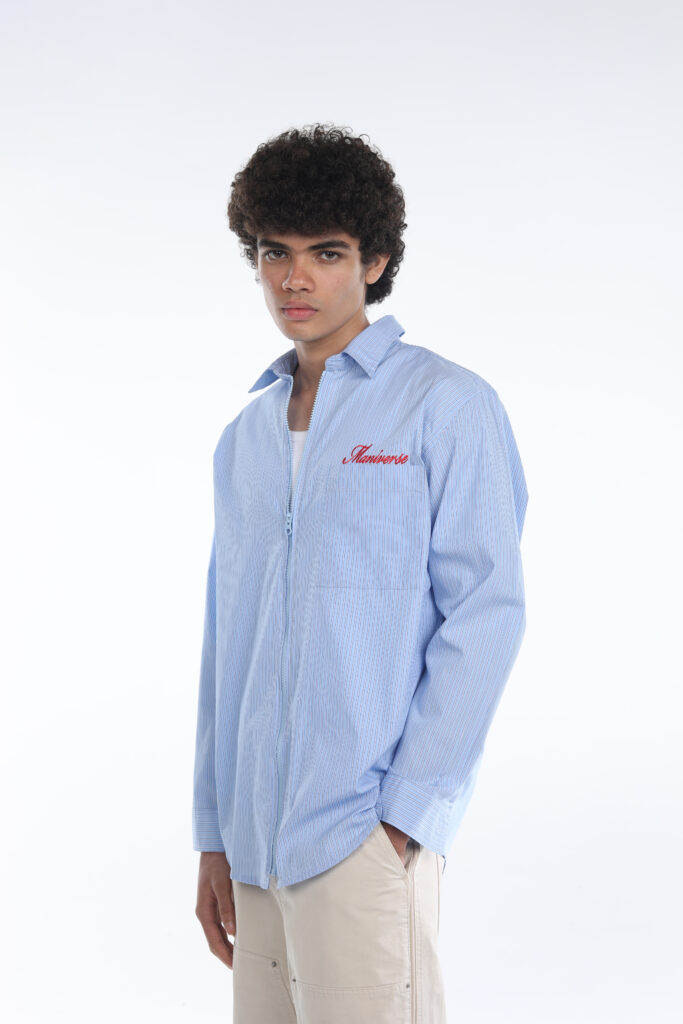 maniverse embroidered oversized striped blue zip closure shirt