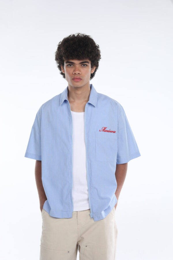 maniverse embroidered boxy fit striped dark blue zip closure shirt